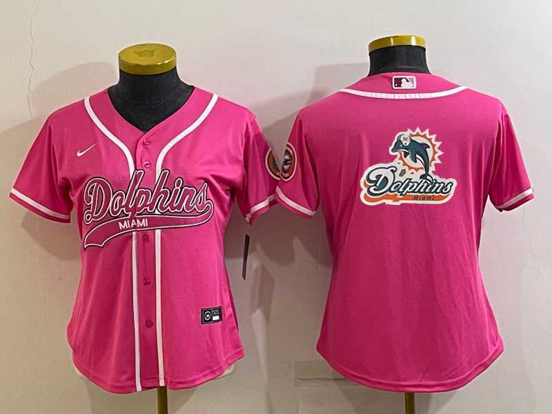 Women%27s Miami Dolphins Pink Team Big Logo With Patch Cool Base Stitched Baseball Jersey